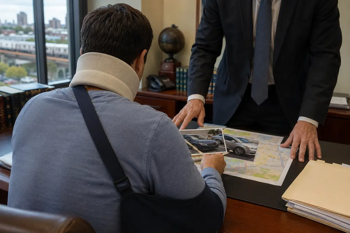 Queens car accident injury lawyer reviewing medical and insurance evidence