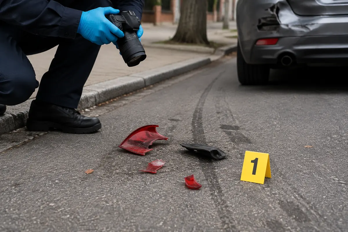 Hit-and-run evidence being documented after a Forest Hills collision
