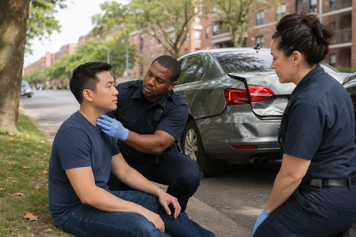 Injured driver receiving help after a rear-end collision in Forest Hills