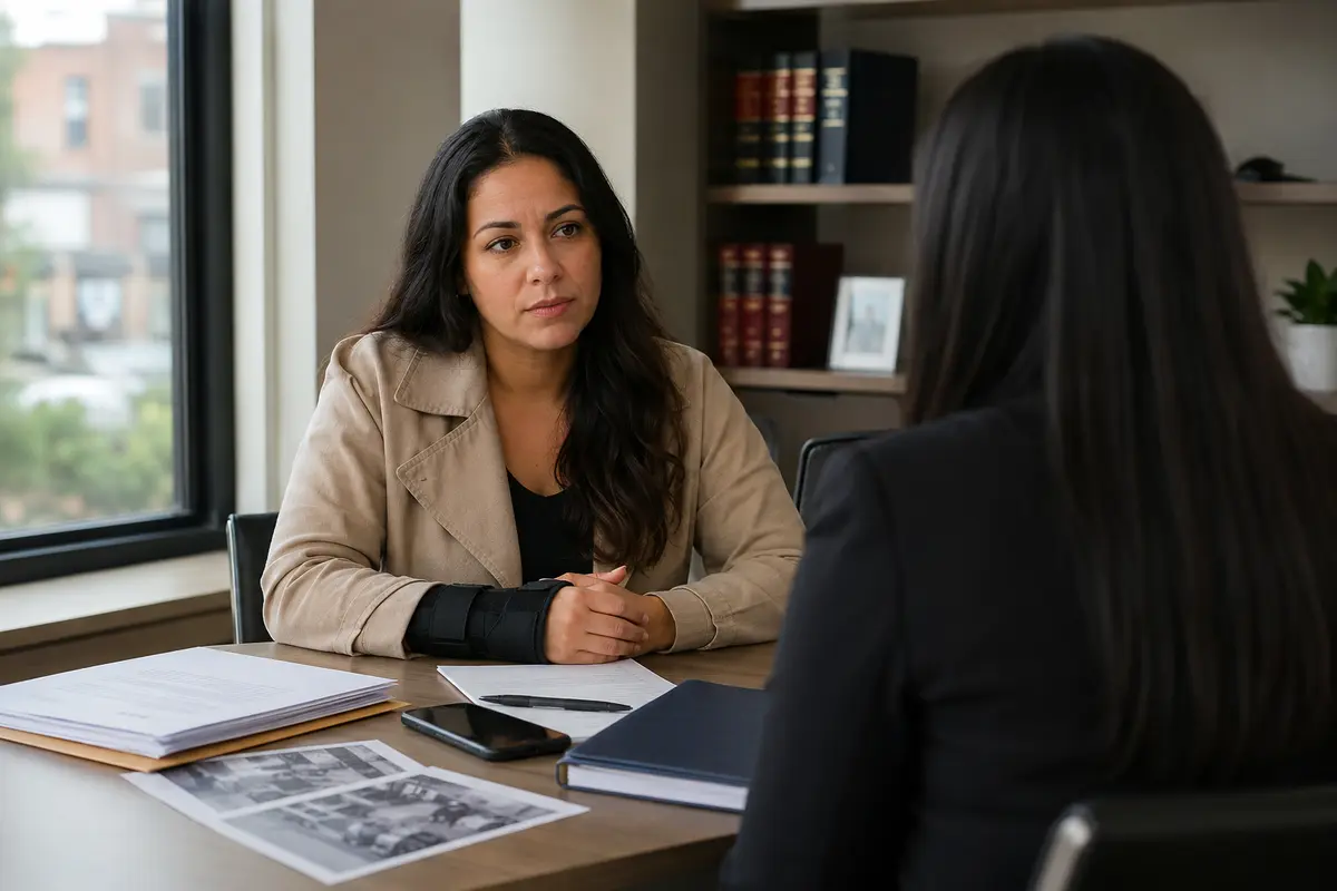 Injured client discussing a Forest Hills hit-and-run claim with an attorney