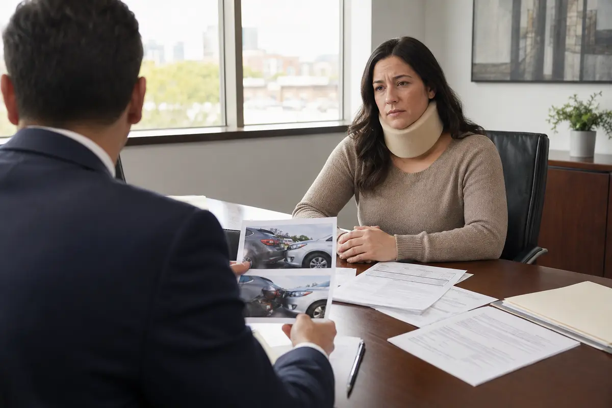 Injured client discussing a Forest Hills rear-end accident claim with an attorney