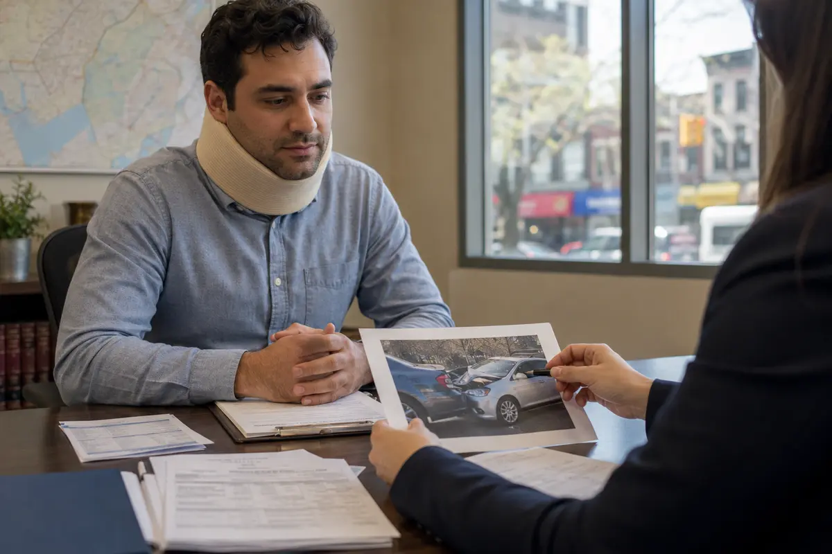 Queens rear-end crash lawyer reviewing medical and insurance evidence