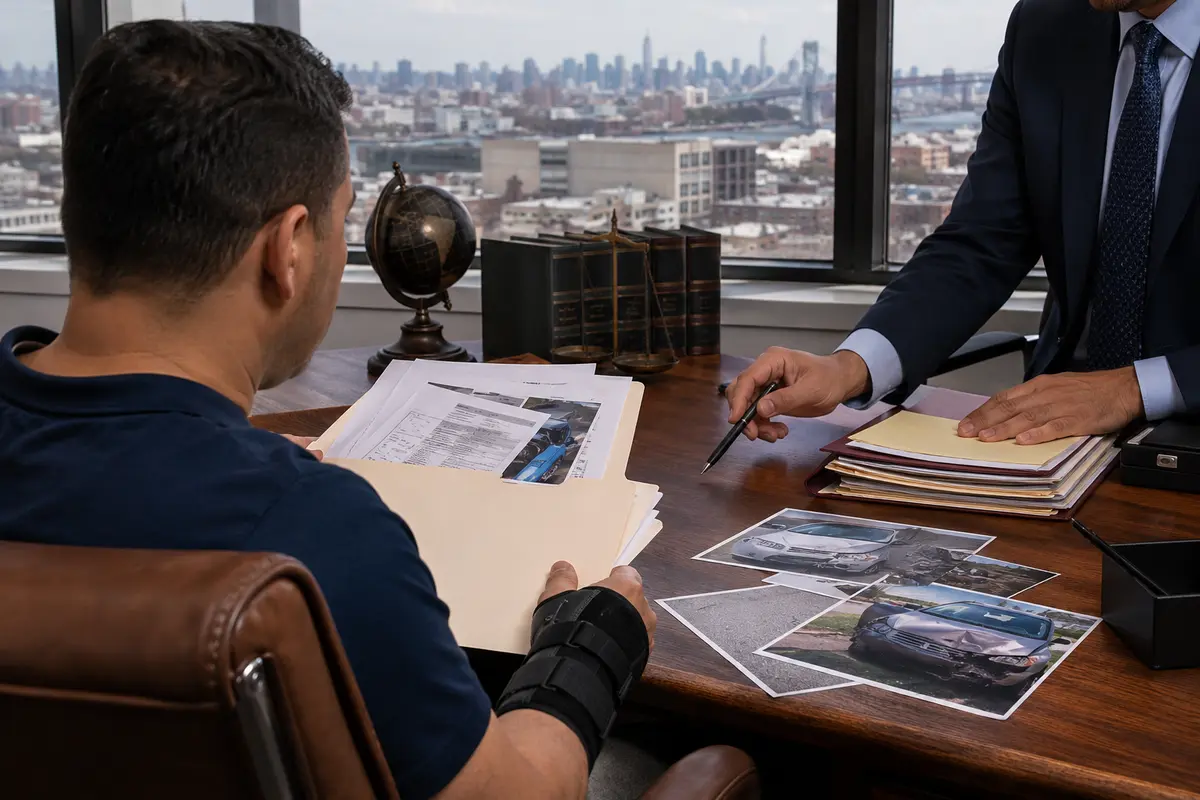 Queens uninsured / underinsured motorist lawyer reviewing medical and insurance evidence